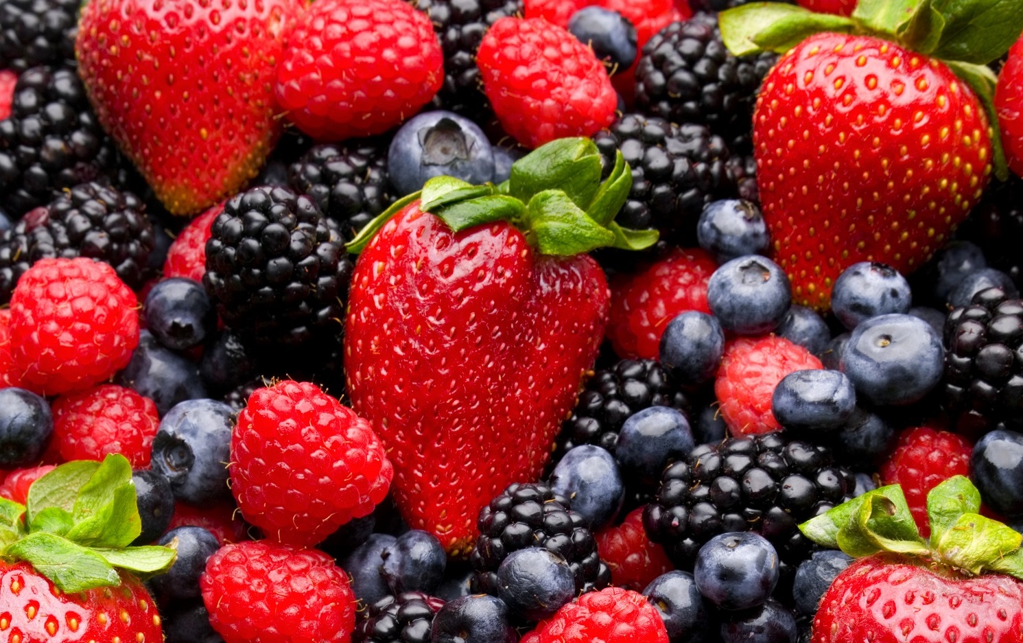 A close-up view of a variety of fresh berries including strawberries, raspberries, blackberries, and blueberries.