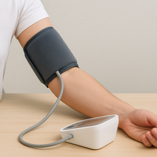 "A blood pressure cuff wrapped around a person's arm, measuring their blood pressure."